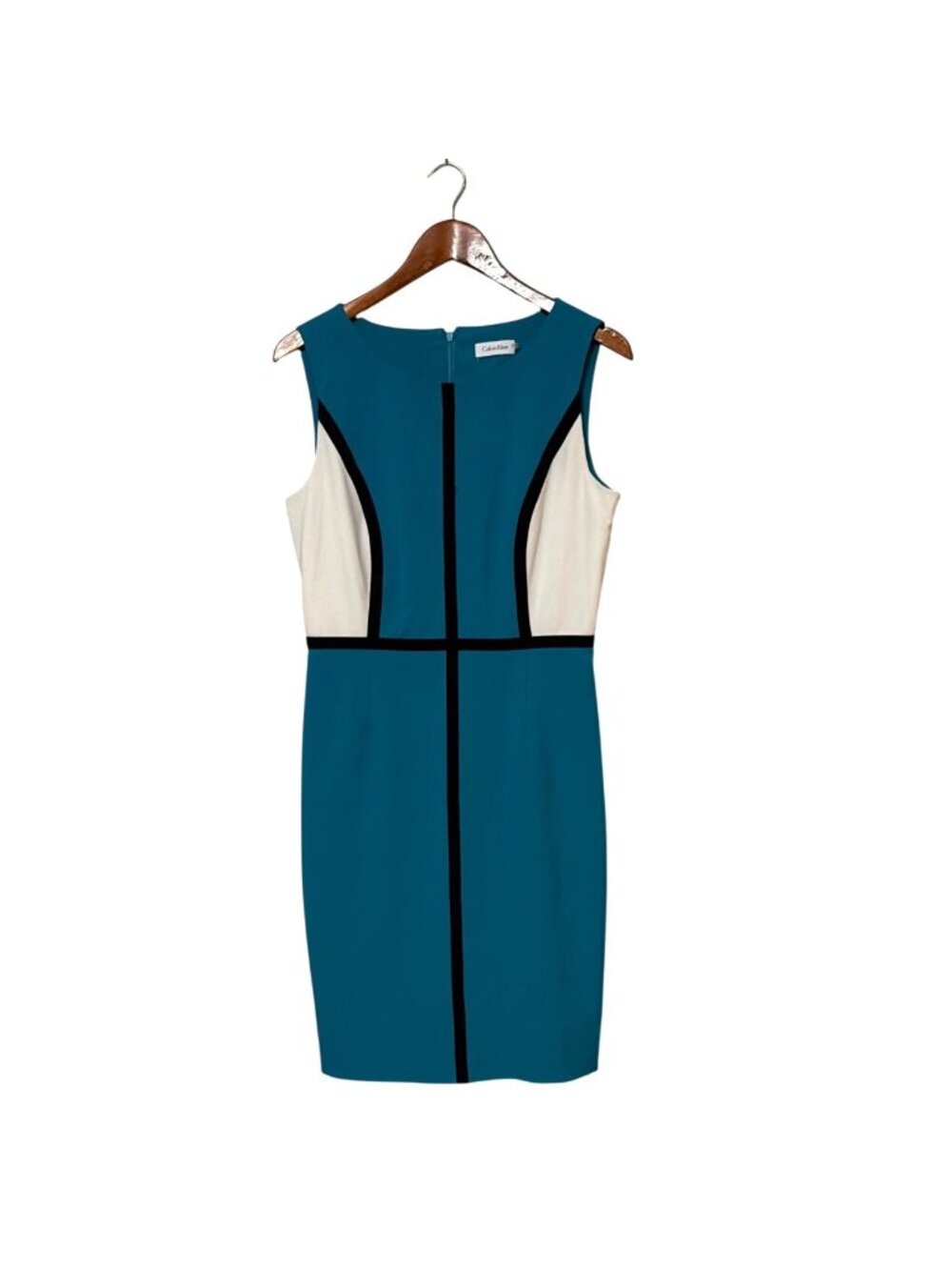 Y2K Colorblock Sheath Dress Calvin Klein Sleeveless Teal‎ & White Womens Size 14